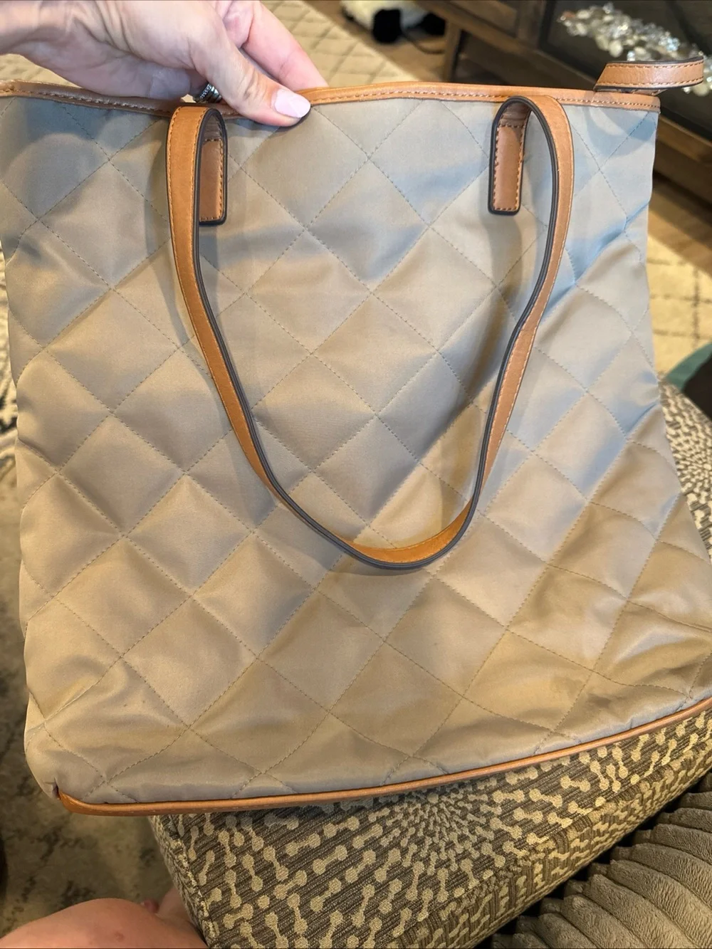 Tommy Hilfiger Quilted Taupe Tote with Tan Trim and Logo Plaque